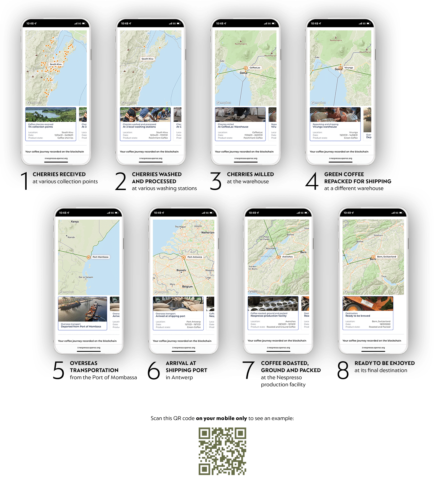 Smart phone showing digital tracking of the coffee journey