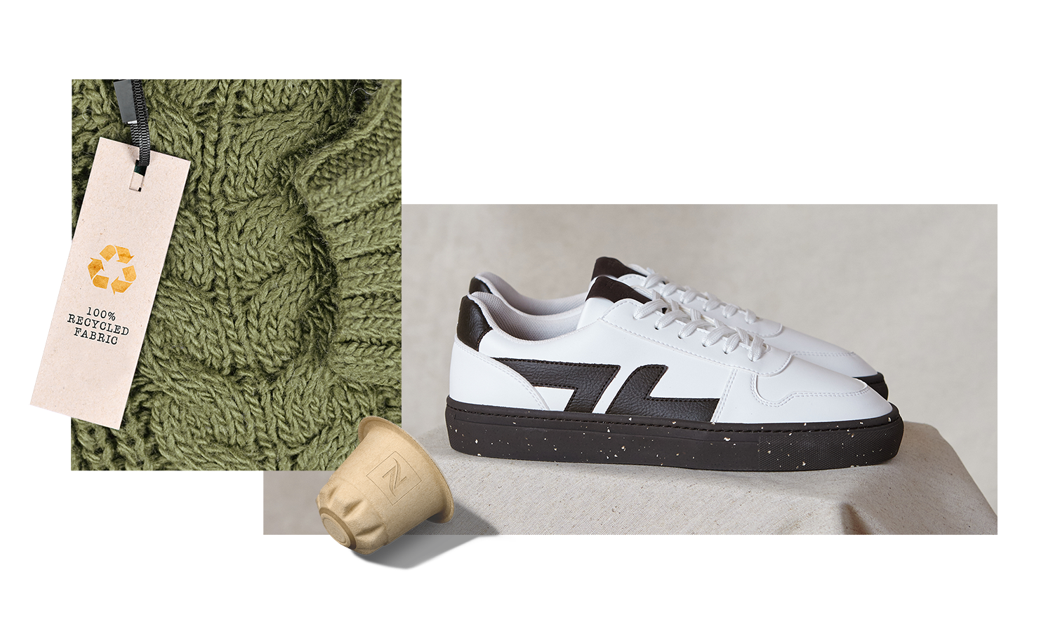 Collage Zeta shoes, Nespresso paper capsule, recycled fabric